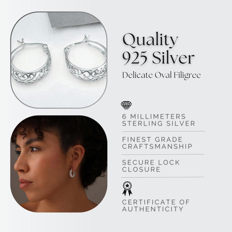 SEA OF ICE Silver Hoop Earrings for Women - Oval Filigree Trendy Fashion Hoop Earrings â€“ Sterling Silver Earrings for Women - Image 5